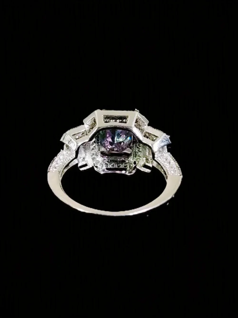 Vintage Y2K 925 Sterling Silver Mystic Topaz & CZ Halo Three-Stone Ring Sz 7.75
